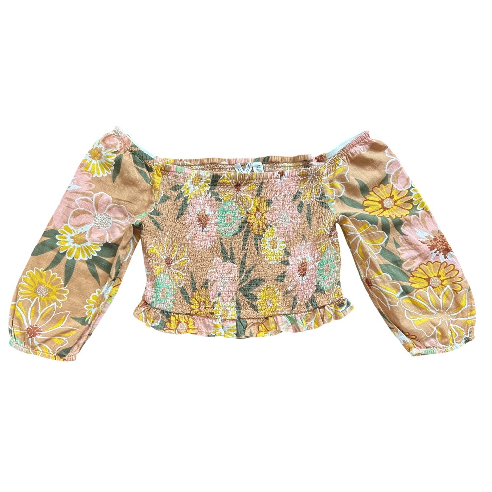 Roxy Floral Smocked Floral Print Off Shoulder Boho Crop Top Women’s Size Large